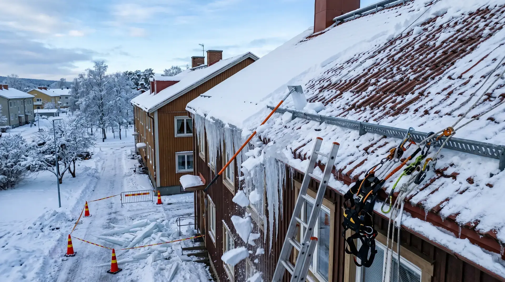 Snöröjning från tak med istappar